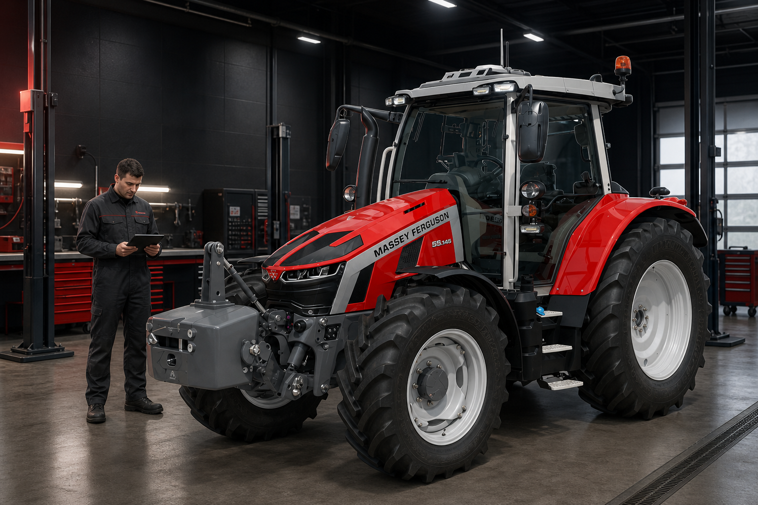 Ciągnik Massey Ferguson 5S podczas diagnostyki w profesjonalnym serwisie